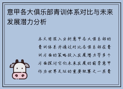 意甲各大俱乐部青训体系对比与未来发展潜力分析