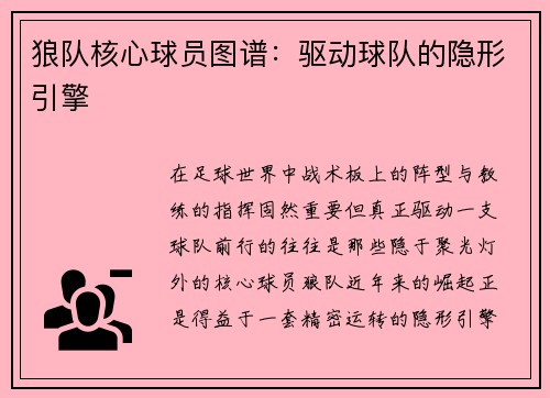 狼队核心球员图谱：驱动球队的隐形引擎