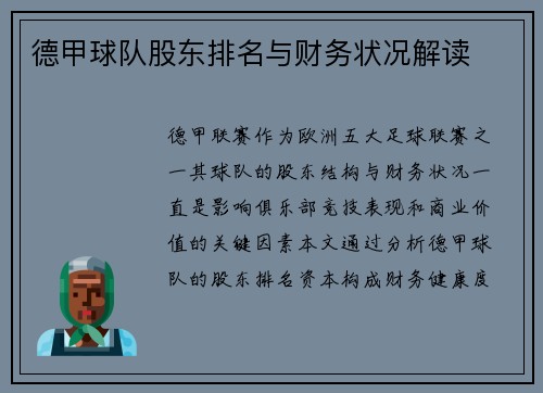 德甲球队股东排名与财务状况解读