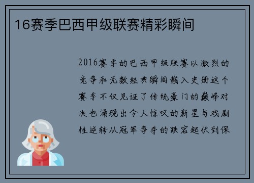 16赛季巴西甲级联赛精彩瞬间
