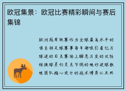 欧冠集景：欧冠比赛精彩瞬间与赛后集锦