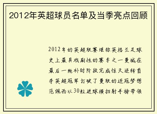 2012年英超球员名单及当季亮点回顾