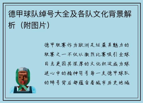 德甲球队绰号大全及各队文化背景解析（附图片）